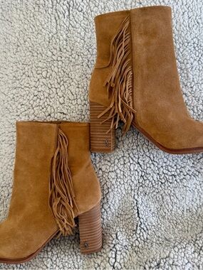 Sam Edelman Suede Fringe Block Heel Ankle Boots - Tan